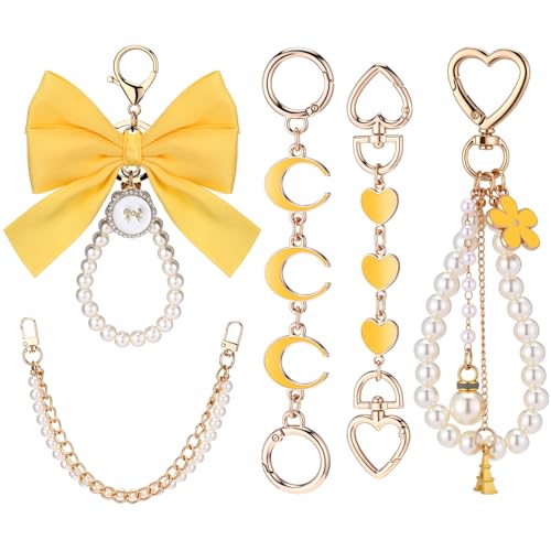 Sureio 5 Pcs Bag Extender Chain Pearl Purse Chain Ribbon Bow Keychain Extender Bag Strap Purse Charms Accessories for Handbag - color: Yellow and Gold