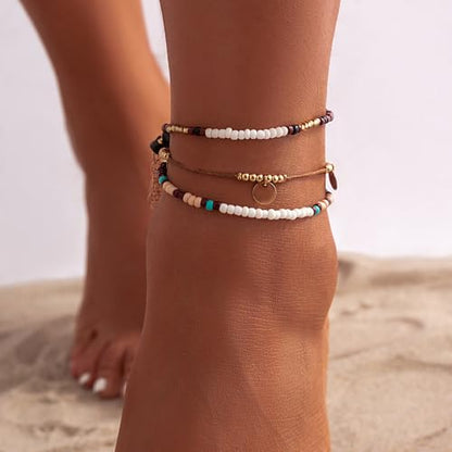 Qceasiy Starfish Ankle Bracelets for Women, Boho Beaded Beach Anklets Set | Gold-plated layered anklets in seashell, disc, and conch styles, with stretch or adjustable fits for summer beach outfits. - color: Brown 1