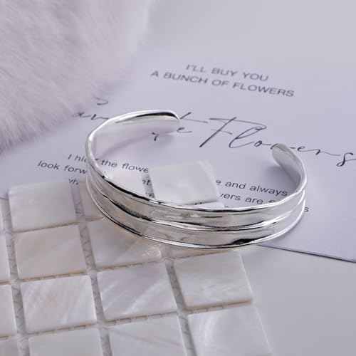 Irregular Hammered Wave Texture Cuff Bracelet for Women Open Bangle Hypoallergenic Jewelry Silver & Gold - color: Silver