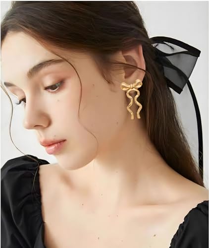 Gold Silver Bow Drop Earrings for Women Long Tassel Chain Bow Earrings Ribbon Bowknot Dangle Earrings Jewelry Gifts - color: Gold Bow D