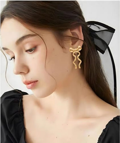 Gold Silver Bow Drop Earrings for Women Long Tassel Chain Bow Earrings Ribbon Bowknot Dangle Earrings Jewelry Gifts - color: Gold Bow D