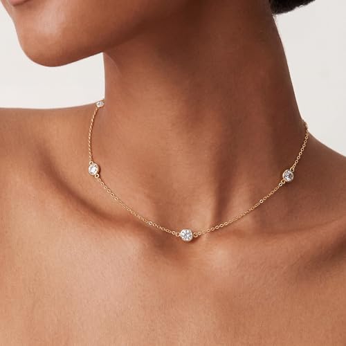 Tewiky Dainty 14k Gold Plated/Silver Cubic Zirconia Necklaces for Women, Simple CZ Jewelry Necklaces Trendy Gifts - color: Gold five choker CZ