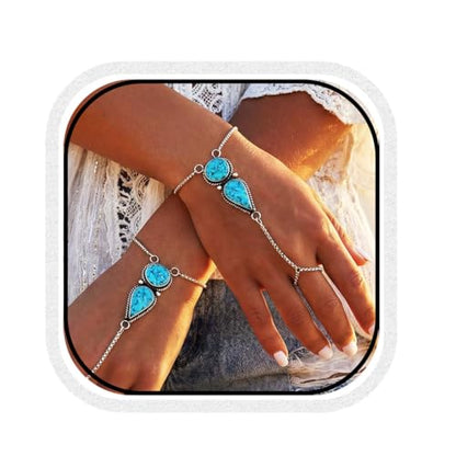 GORTIN Turquoise Hand Chain Bracelets Ring Link Chain Bracelet Set Boho Hand Chain Jewelry for Women Pack of 2