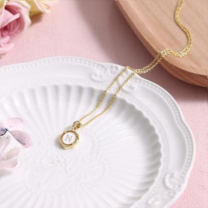 14K Gold Plated Initial Necklaces for Women, Letter Charm Pendant Necklace | Dainty Oval White Enamel Personalized Name Necklace, Trendy Jewelry with 16 inches Chain and 2 inches Extender - color: N