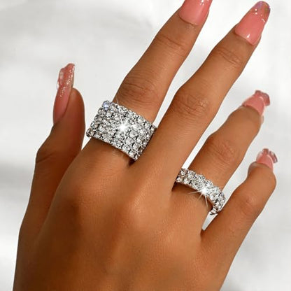 Fashion Silver Bling Rhinestone Crystal Stretch Rings Set for Women | Sparkly Rhinestone Elastic Finger Nail Ring Glitter Stretchy Stack Statement Knuckle Rings Cocktail Jewelry Accessories Pack - color: Silver