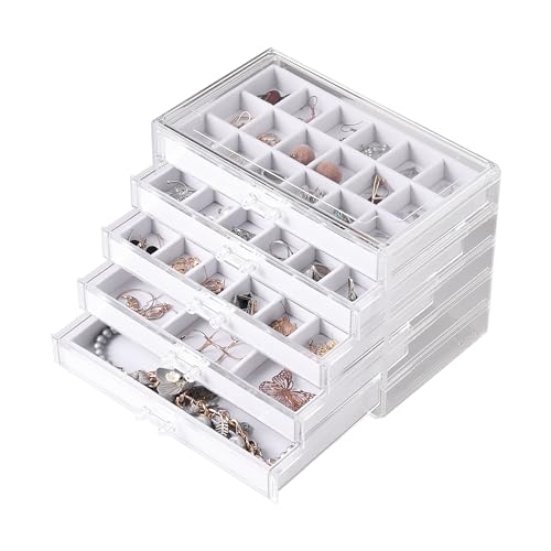 Acrylic Jewelry Box for Earrings,Jewelry Organizer with 5 Drawers | 61 Jewelry Storage Grid for Rings Studs Bracelet,Velvet Lining,Transparent Appearance,Dustproof,Jewelry Holder for Women - color: White