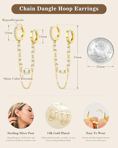 Tassel Chain Small Gold Hoop Dangle Earring For Women Huggie Earring Heart Star CZ 14K Gold Plated Fashion Jewelry Graduation Gift for Her Mothers Day Gifts for Mom - color: Double-Rectangle-Gold