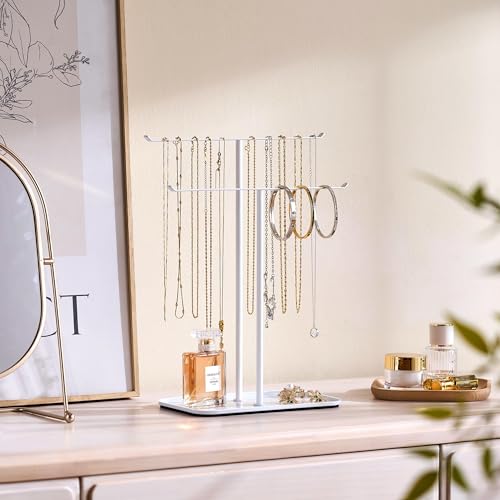 pickpiff Necklace Holder Jewelry Organizer Stand – 2‑Tier T‑Bar Jewelry Display Tree with Tray for Countertop Necklace Bracelet Earring Storage, Vanity Dresser Bathroom Sink, White - color: White