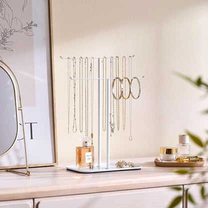 pickpiff Necklace Holder Jewelry Organizer Stand – 2‑Tier T‑Bar Jewelry Display Tree with Tray for Countertop Necklace Bracelet Earring Storage, Vanity Dresser Bathroom Sink, White - color: White