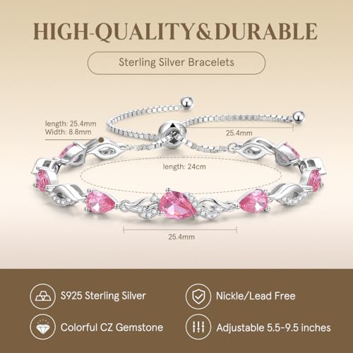 FANCIME Birthstone Teardrop Tennis Bracelet for Women, Sterling Silver 9x7mm main Gemstone Bolo Adjustable Chain Bracelet Fine Jewelry Birthday Gifts for Women Mom Wife Her - color: 10-Pink Tourmaline