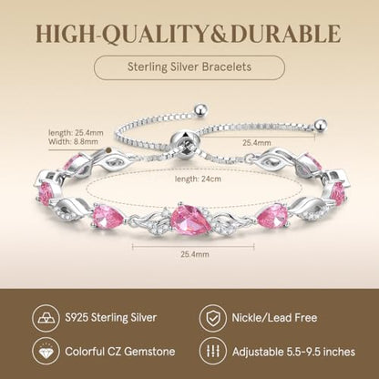 FANCIME Birthstone Teardrop Tennis Bracelet for Women, Sterling Silver 9x7mm main Gemstone Bolo Adjustable Chain Bracelet Fine Jewelry Birthday Gifts for Women Mom Wife Her - color: 10-Pink Tourmaline