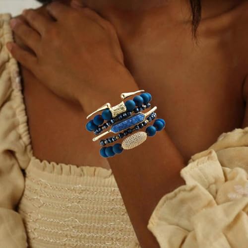 Yomisa Boho Beaded Bracelets/Bangle for Women,Multilayer 5/6/7PCS Healing Natural Handmade Stone Bead Bracelets Stackable Stretch Friendship Beaded Bracelet Set Trendy Western Bohemian Jewelry Gift - color: 6pcs-Blue