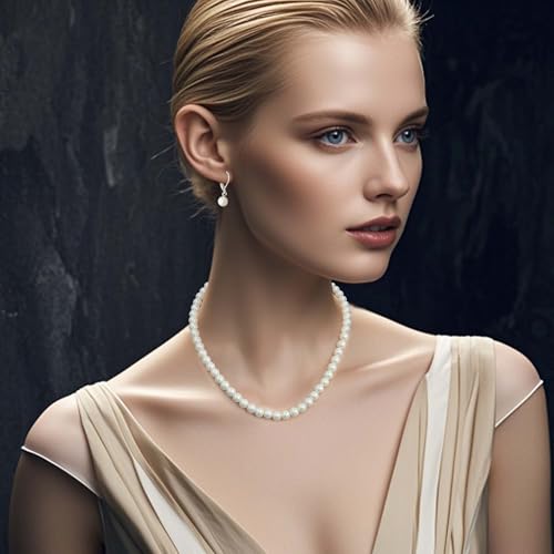 S SUSANN Costume Layered Twisted Gold Pearl Necklace Choker Chunky Glass Statement Pearl Necklace and Earring set, good gift for women Faux pearl necklace set - style: 7MM Silver Milk White Pearl