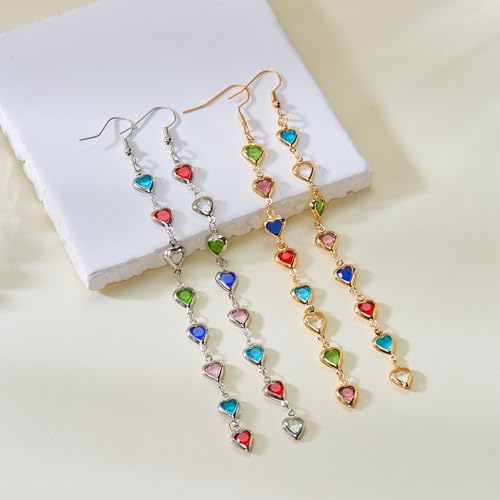 Sparkly Crystal Heart Long Chain Drop Earrings For Women Colorful Love Heart Tassel Statement Dangle Earrings Birthday Prom Jewelry Gifts - color: Gold