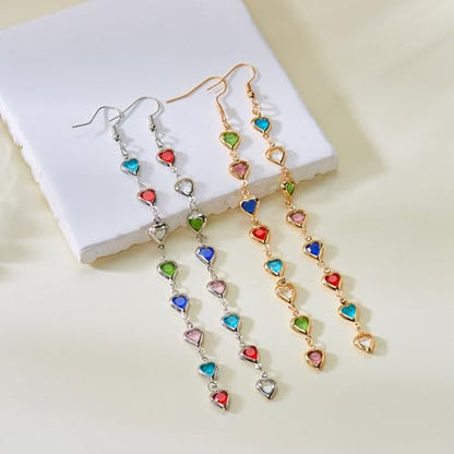 Sparkly Crystal Heart Long Chain Drop Earrings For Women Colorful Love Heart Tassel Statement Dangle Earrings Birthday Prom Jewelry Gifts - color: Gold