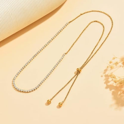 3mm Cubic Zirconia Tennis Necklace for Women, Dainty Adjustable 18K Gold Plated/Silver CZ Tennis Necklace, Hypoallergenic Iced Out Everyday Jewelry Gift for Her Wedding Party - color: Lariat Tennis-Gold