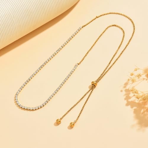 3mm Cubic Zirconia Tennis Necklace for Women, Dainty Adjustable 18K Gold Plated/Silver CZ Tennis Necklace, Hypoallergenic Iced Out Everyday Jewelry Gift for Her Wedding Party - color: Lariat Tennis-Gold