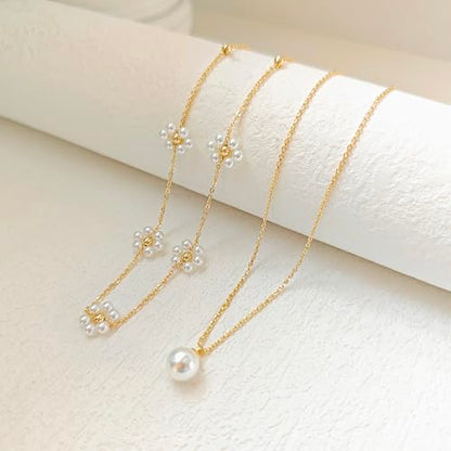 LULII Pearl Necklaces for Women 14K Gold Plated Dainty Layered Single Pearl Necklace Simple Daisy Pearls Choker Cute Gold Necklace Stack Jewelry Sets for Women Trendy Gifts - color: Gold-Layered Daisy Pearl