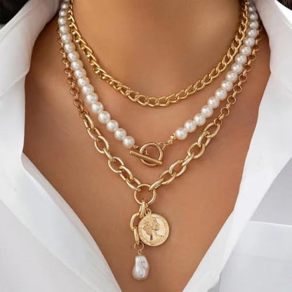 Chunky Layered Pearl Necklaces Set for Women Big Coin OT Choker Necklace | Gold,silver,layering,pearls,stack,pearl jewelry,drop,baroque,buckle,beaded,chain,statement,clasp,toggle,accessories,gift - color: Color-1