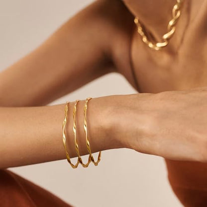 Awinesn 18K Gold Plated Bangles for Women Stainless Steel Glossy Stackable Thin Round Bracelets Solid Plain Polished Bangles Bracelets Set of 3 Jewelry for Women - size: 8 inches, style: contort-3-G