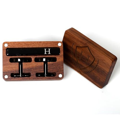 Mens Initial Cufflinks and Tie Clip A-Z Alphabet Letter Black Stainless Cuff Links Tie Bar with Engraved Walnut Wood Box Groom Groomsman Wedding Set - style: Classic-H