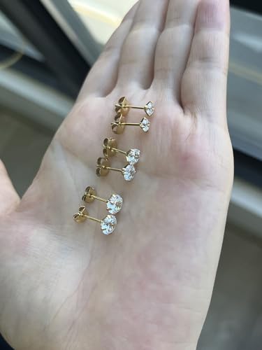6 Pairs Stud Earrings for Women, 14K Gold Plated Hypoallergenic 316L Surgical Stainless Steel Earrings Studs Sets Cubic Zirconia Cartilage Earrings - color: Gold- 3 Pairs- 4 5 6mm