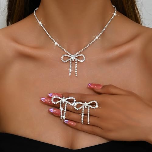 Gold Rhinestone Jewelry Set for Women Crystal Choker Necklaces Drop Earrings Adjustable Bracelet Elegant Prom Bridal Jewelry - color: Silver A