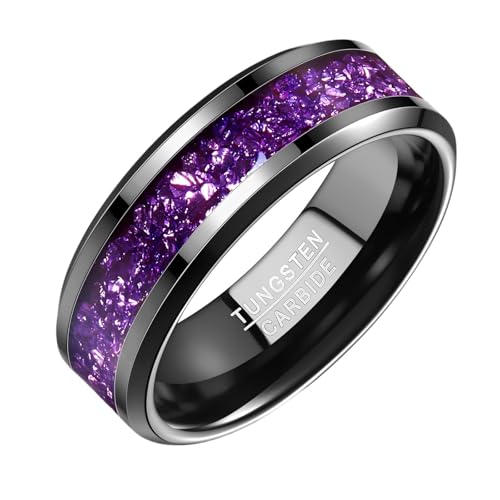 NUNCAD Black Tungsten Ring, Men's Wedding Rings with Blue/Amethyst/Galaxy Opal Ring 4mm 8mm Engagement Promise Ring Comfort Fit Size 5-12 - color: Amethyst & 8mm