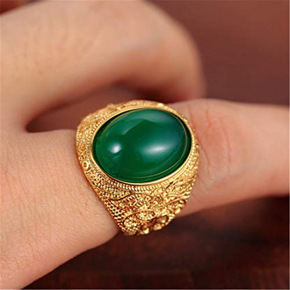 Retro Unisex Stainless Steel Oval Gemstone Hollow Flower Carved Signet Ring - color: Gold-Green