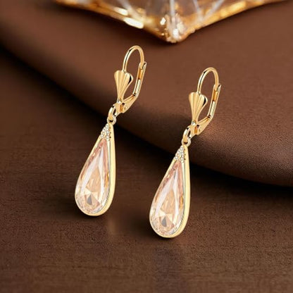 Teardrop Austrian Crystal Leverback Dangle Drop Earrings for Women | 14K Gold Plated,Classic Teardrop Elegance,Leverback for Easy Secure Wear,Gift Box Included, Brighten Up Daily and Party Looks - color: Light Topaz