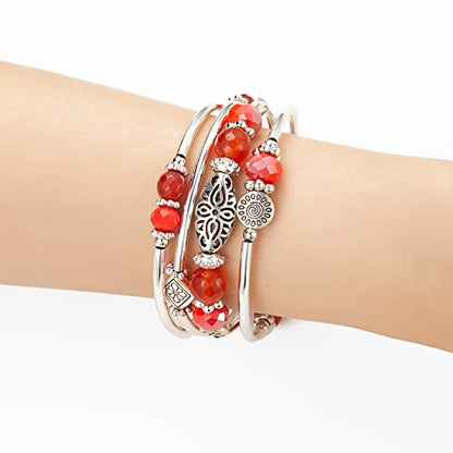 FULU AUTUMN Stackable Beaded Bracelets for Women Boho Wrap Silver Bracelet Layered Fashion Jewelry Gifts for Her - color: Bright orange