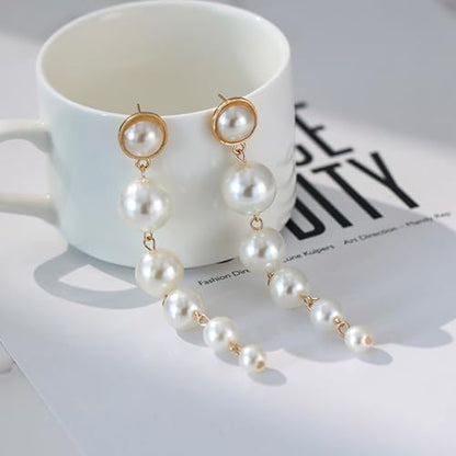 Graduated Pearl Drop Earrings for Women, Elegant Long Linear Tassel Dangle Earrings for Wedding Guest or Bride, Hypoallergenic Formal Party Jewelry