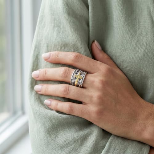 JEAN RACHEL JEWELRY 925 Sterling Silver Mixed Metal Cross Ring, Two-Tone Textured Wide Hammered Statement Band for Women