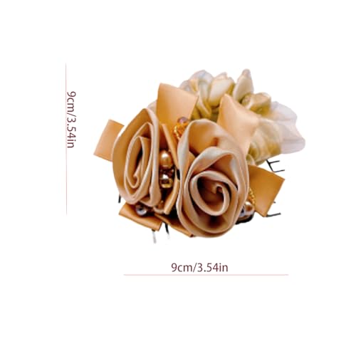 Satin Hair Scrunchie with Rose Flower, Brown and Gold, Pearl Beads, Ribbon Bow, Hair Tie Accessory, 9cm (yellower) - color: yellower