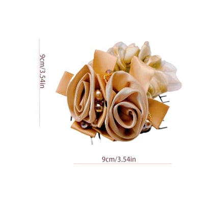 Satin Hair Scrunchie with Rose Flower, Brown and Gold, Pearl Beads, Ribbon Bow, Hair Tie Accessory, 9cm (yellower) - color: yellower
