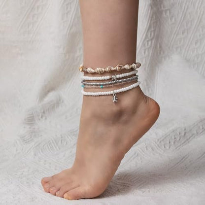Boho Shell Ankle Bracelet Set for Women Adjustable Gold Plated Stackable Hawaiian Beach Vacation Pearl Seashell Starfish Foot Jewelry Gifts - color: Set A