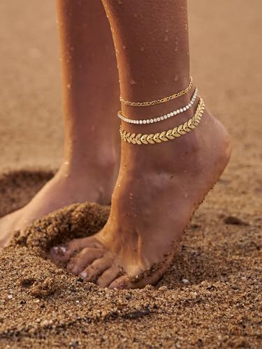 14K Gold/Silver Plated Anklets for Women Layered Anklet Set | Non Tarnish Waterproof Brass Ankle Bracelet, Adjustable Lightweight Dainty Hypoallergenic Chain, Beach Vacation Summer Gift - style: Style1