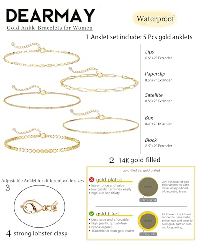 Dainty Ankle Bracelets for Women Waterproof | Layered Gold Plated Tennis Cuban Snake Rope Paperclip Beaded Link Chains Set, Summer Beach Jewelry Gift - color: Gold Anklet C