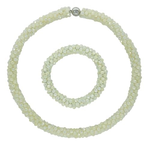 Hand Knotted Beads Statement Necklace Bracelet Jewelry Set Artificial Crystal Choker for Women- Handmade Beaded Strand Sparkly Faceted Crystal Rondelle-17inches, 30 Colors - color: Beige Set