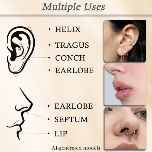 16G Horseshoe Septum Nose Rings 316L Surgical Steel Cartilage Tragus Helix Rook Daith Hinged Clicker Earring Snake Bites Lip Piercing Jewelry for Women Men 10mm 3/8 inch Silver Black Gold - color: Silver