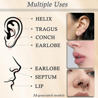 16G Horseshoe Septum Nose Rings 316L Surgical Steel Cartilage Tragus Helix Rook Daith Hinged Clicker Earring Snake Bites Lip Piercing Jewelry for Women Men 10mm 3/8 inch Silver Black Gold - color: Silver