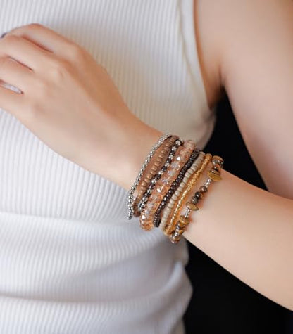 Noessla Boho Beaded Bracelets for Women Stackable Irregular Natural Stone Bead Stretch Bracelet Set 8PCS Costume Jewelry Gifts for Her - color: Brown