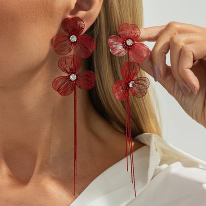 Gold Flower Tassel Dangle Earrings for Women,Boho Chunky Floral Long Fringe Statement Earring,Fashion Spring Jewelry Party Prom Accessories - color: Red