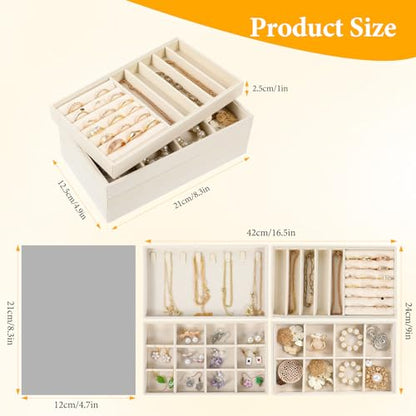 4Pcs Jewelry Organizer Trays, Stackable Velvet Jewelry Trays, Drawer Insert Divider Jewel Display Storage with Removable Dividers, Divided Storage for Earring Necklace Rings Bracelet
