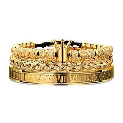 WFYOU 3PCS Stainless Steel Imperial Crown Bracelets for Men Gold Roman Numeral Bangle Bracelet Adjustable Cuff Bracelet Mens Luxury Jewelry Gifts - style: 10:Gold- Crown