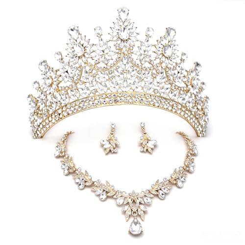 Crowns and Tiaras Jewelry Set for Women.Wedding (Gold Green) | Wedding Crown, Necklace Earrings, Princess Queen Birthday Party, Pageant Bridal, Costume Accessories - color: Gold White