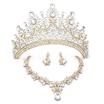 Crowns and Tiaras Jewelry Set for Women.Wedding (Gold Green) | Wedding Crown, Necklace Earrings, Princess Queen Birthday Party, Pageant Bridal, Costume Accessories - color: Gold White