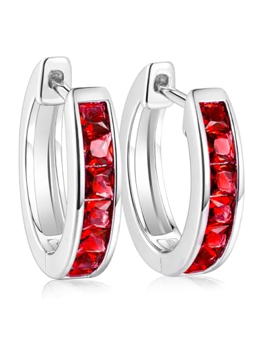Chunky Emerald Sapphire Ruby Hoop Earrings, Princess or Round Cut, 14k Yellow Gold Plated Sterling Silver Cubic Zirconia Huggie Earings Minimalist Hoops Earrings for Women Wedding Daily Birthday - style: Princess cut -Ruby -Silver