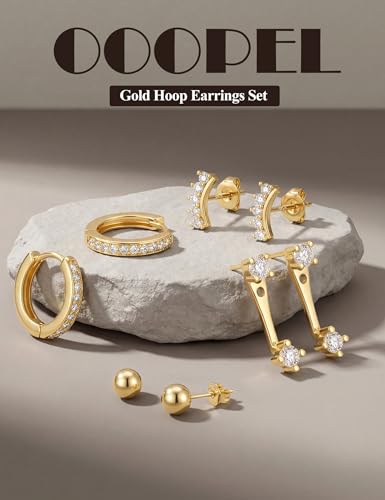 Small Gold Earring Stack Trendy 925 Sterling Silver Earrings for Women Hypoallergenic 14K Gold Plated Cubic Zirconia Stud Hoop Non Tarnish Huggie Hoop Earrings Set for Multiple Piercing Jewelry Gift - style: Gold: 1 Pairs of Hoops + 3 Pair of Studs