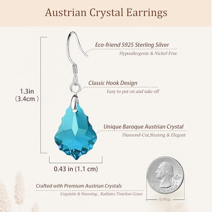Austrian Crystal Baroque Drop Dangle Earrings for Women 925 Sterling Silver Hook Hypoallergenic Jewelry - color: Aquamarine